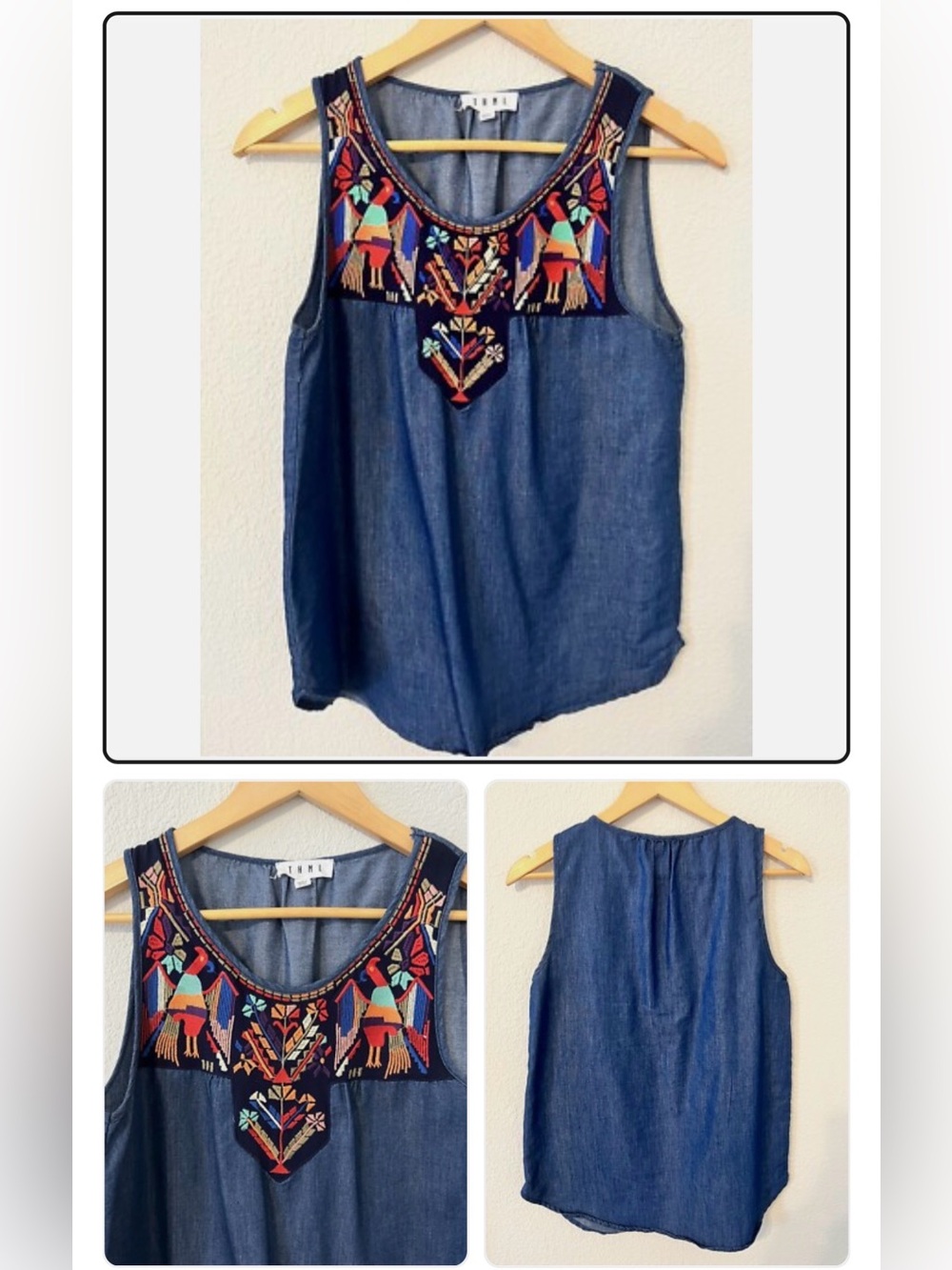 THML Blue Chambray Tank with Multicolor Embroidered Yoke